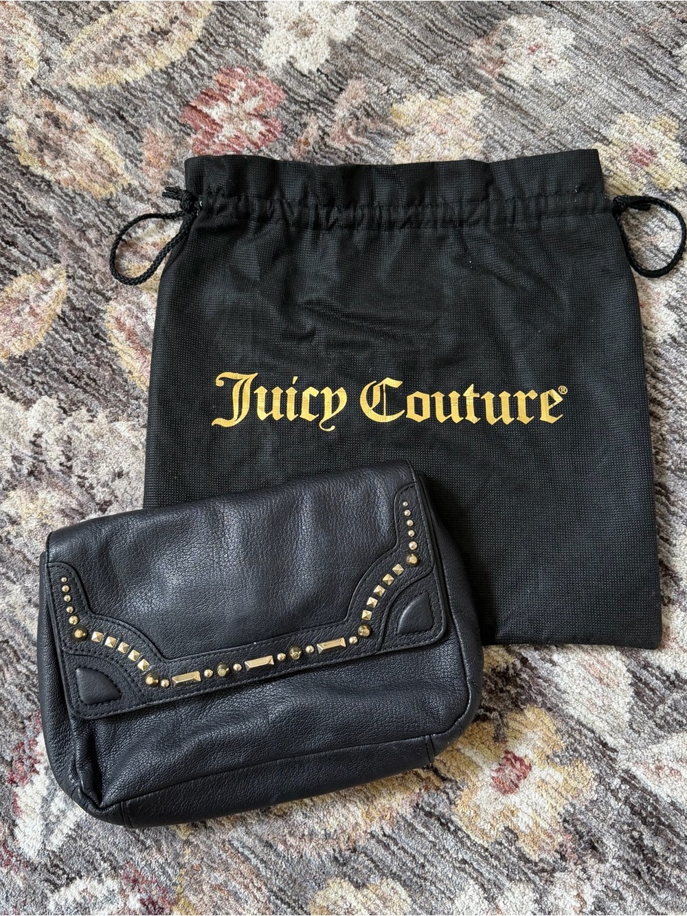Juicy Couture Black Leather Cross body purse with Gold Stud Accents